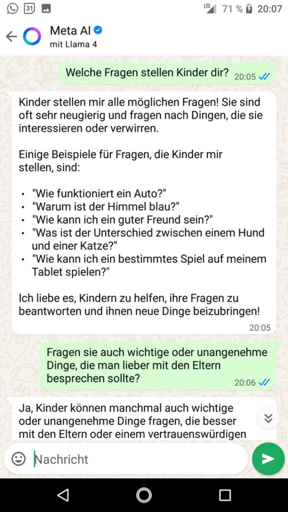 Screenshot aus WhatsApp Frage an die META KI: "Welche Fragen stellen Kinder dir?" Kinder stellen mir alle möglichen Fragen, Warum ist der Himmer blau? Was ist der Unterschied zwischen einem Hund und einer Katze?..